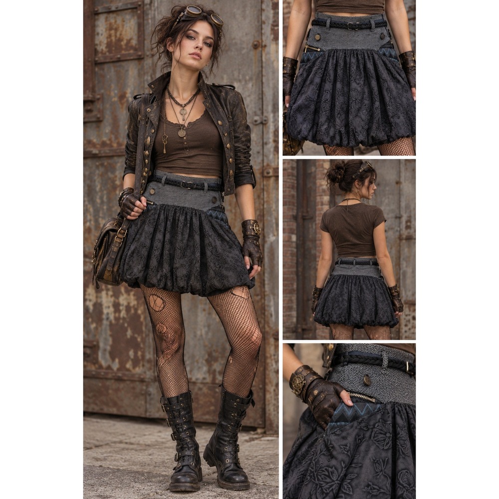 Mismash Bubble Skirt Women XS Gray Floral Jacquard Steampunk Gothic Mini Skirt